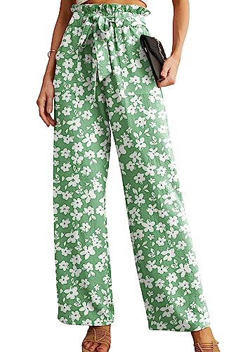 IWOLLENCE High Waisted Pants for Women Adjustable Knot Loose Casual Trousers Business Work Casual Pants Green White Flower XX-Large - Image 1