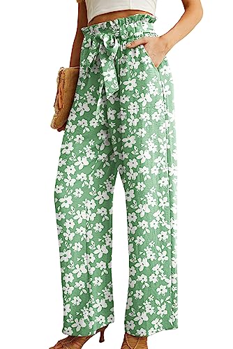 IWOLLENCE High Waisted Pants for Women Adjustable Knot Loose Casual Trousers Business Work Casual Pants Green White Flower XX-Large - Image 2