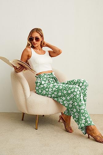IWOLLENCE High Waisted Pants for Women Adjustable Knot Loose Casual Trousers Business Work Casual Pants Green White Flower XX-Large - Image 5