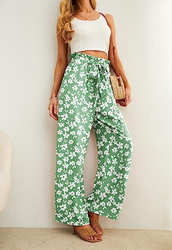 IWOLLENCE High Waisted Pants for Women Adjustable Knot Loose Casual Trousers Business Work Casual Pants Green White Flower XX-Large - Image 3