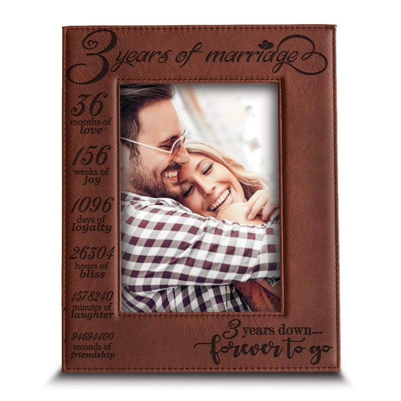 BELLA BUSTA- 3 Years of Marriage-3 years Down Forever to go-Engraved Leather Picture Frame (5 x 7 Vertical (Rawhide)) - Image 1