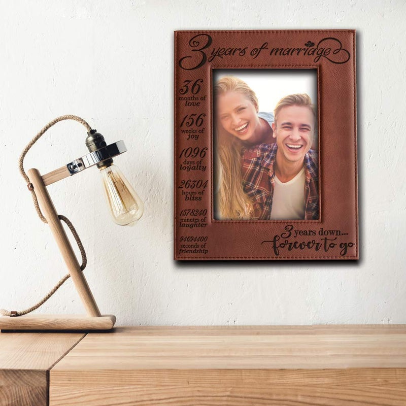 BELLA BUSTA- 3 Years of Marriage-3 years Down Forever to go-Engraved Leather Picture Frame (5 x 7 Vertical (Rawhide)) - Image 3