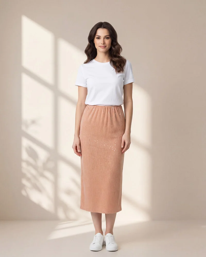 Redtag Women Pink Sequin Straight Skirt