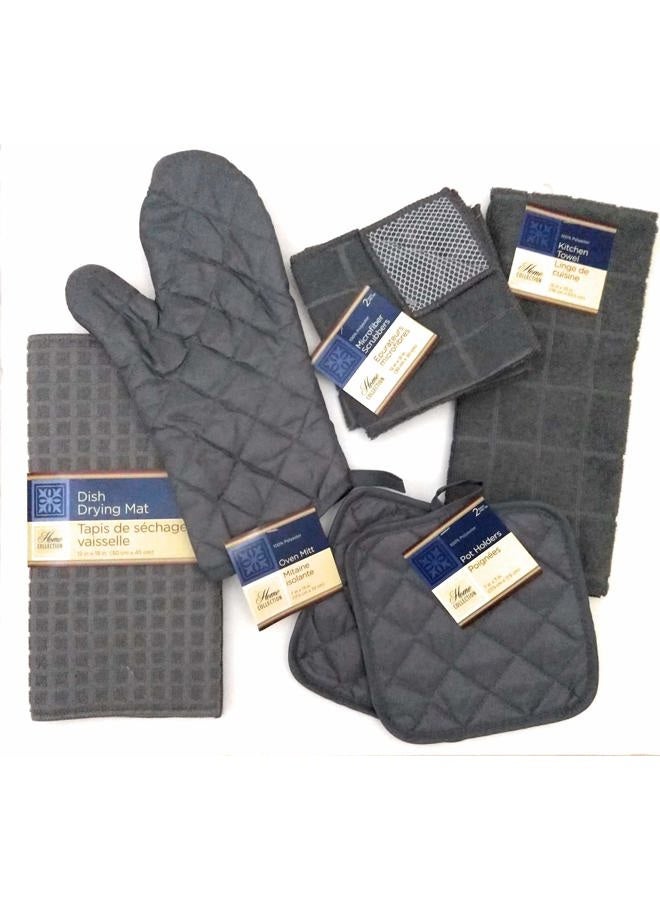 Kitchen Towel Set with 2 Quilted Pot Holders, Oven Mitt, Dish Towel, Dish Drying Mat, 2 Microfiber Scrubbing Dishcloths (Gray)