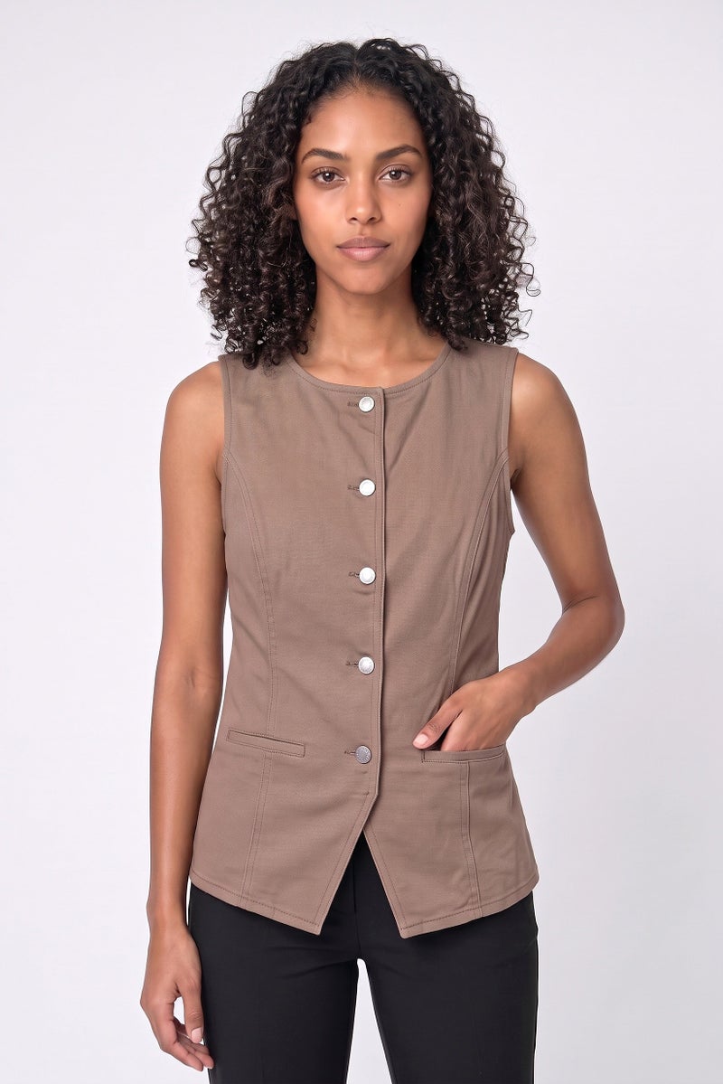 Threadbare Women Crew Neck Solid Sleeveless Vest Coat, Taupe - Image 1