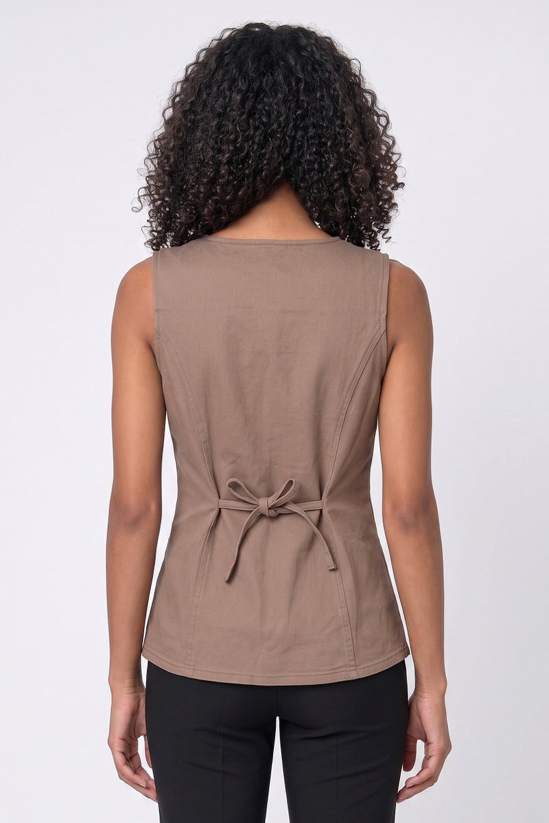 Threadbare Women Crew Neck Solid Sleeveless Vest Coat, Taupe - Image 4