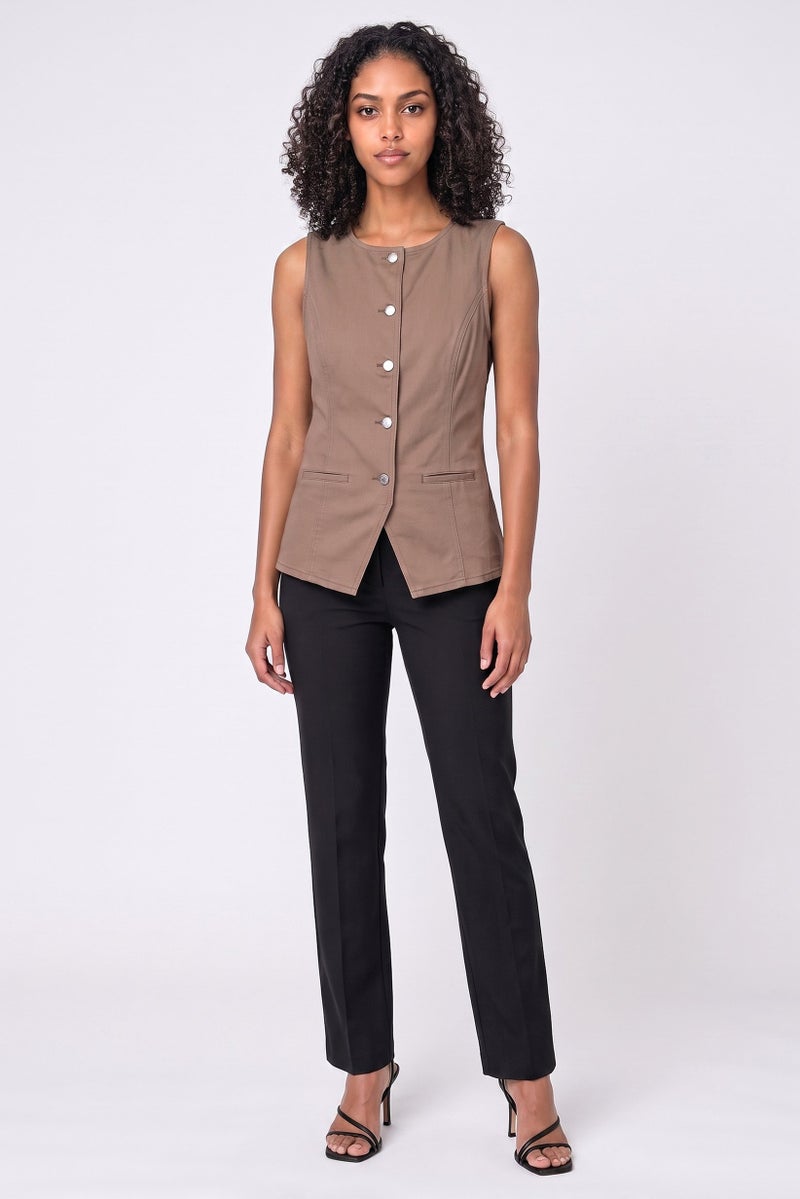 Threadbare Women Crew Neck Solid Sleeveless Vest Coat, Taupe - Image 2