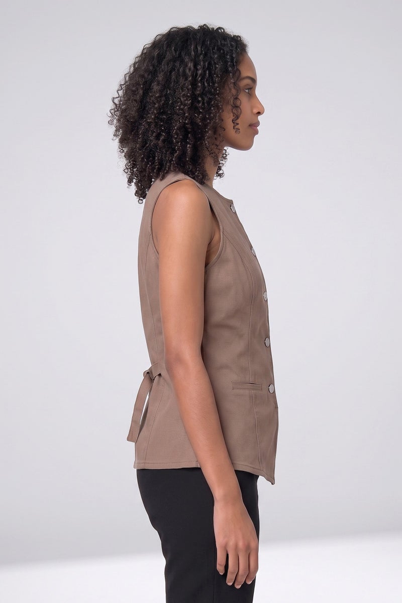 Threadbare Women Crew Neck Solid Sleeveless Vest Coat, Taupe - Image 3