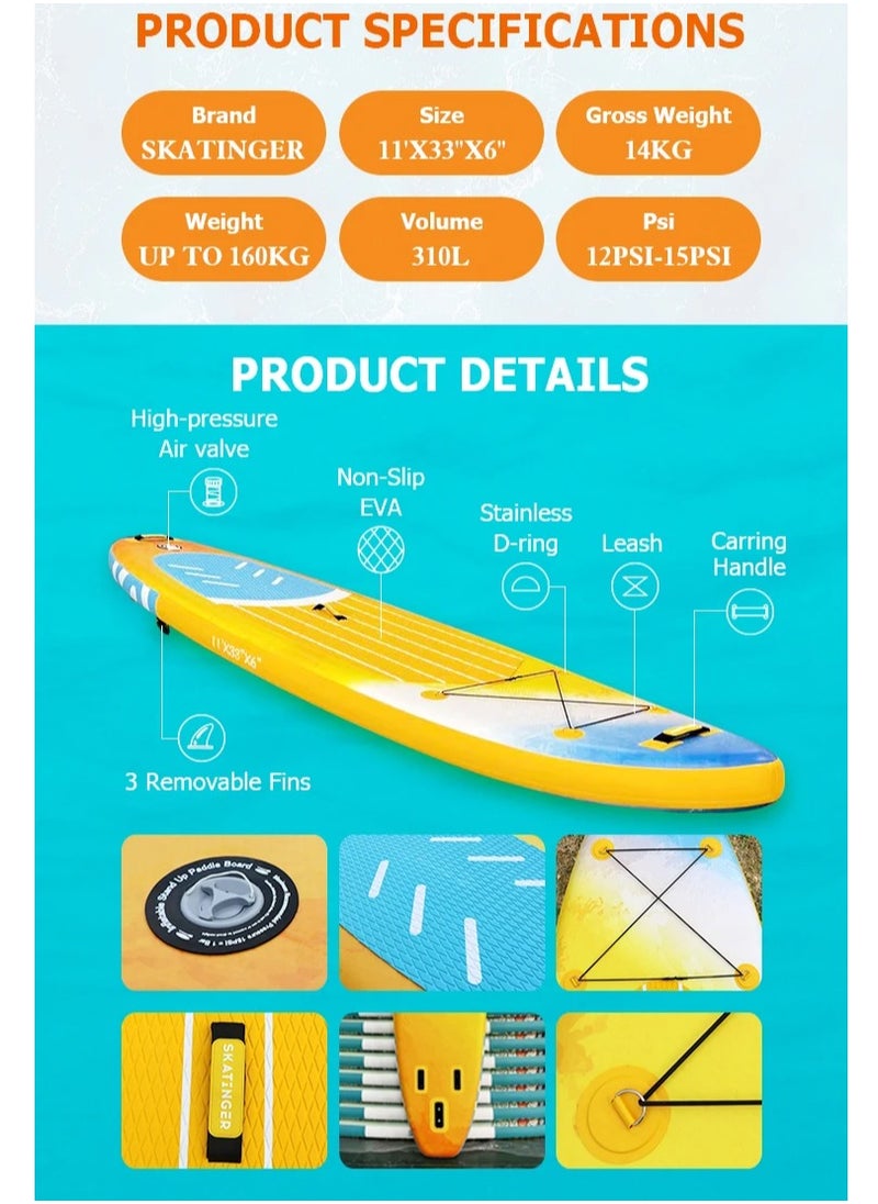 Skatinger Skatinger 11'-33"-6" Single Layer SUP Soft Standup Board Power Fin Paddle Board with Pump and Fins for Yoga, Fishing, Drifting, and Floating - Flynn  - Image 3