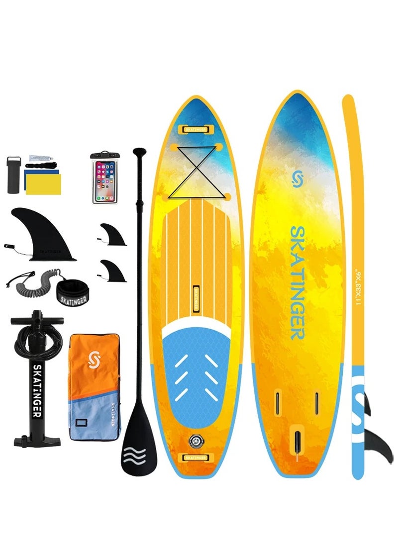 Skatinger Skatinger 11'-33"-6" Single Layer SUP Soft Standup Board Power Fin Paddle Board with Pump and Fins for Yoga, Fishing, Drifting, and Floating - Flynn  - Image 1