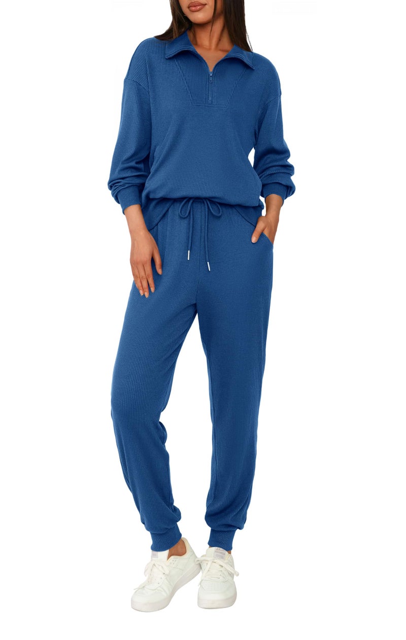 BTFBM Womens 2 Piece Tracksuit Fall Outfits 2025 Long Sleeve Half Zip Sweatshirt Sweatpants Lounge Set SweatsuitsSolid Dark BlueMedium