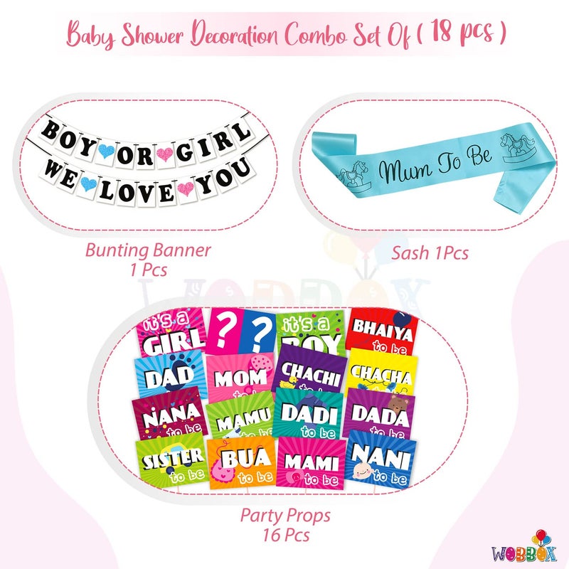 WOBBOX WOBBOX Baby Shower Combo of Party Props 16 Pcs with Blue & Pink Heart Boy Or Girl We Love You Bunting Banner, with Mum to be Light Blue Sash, Baby Shower Decoration Item (Pack of 3)  - Image 2