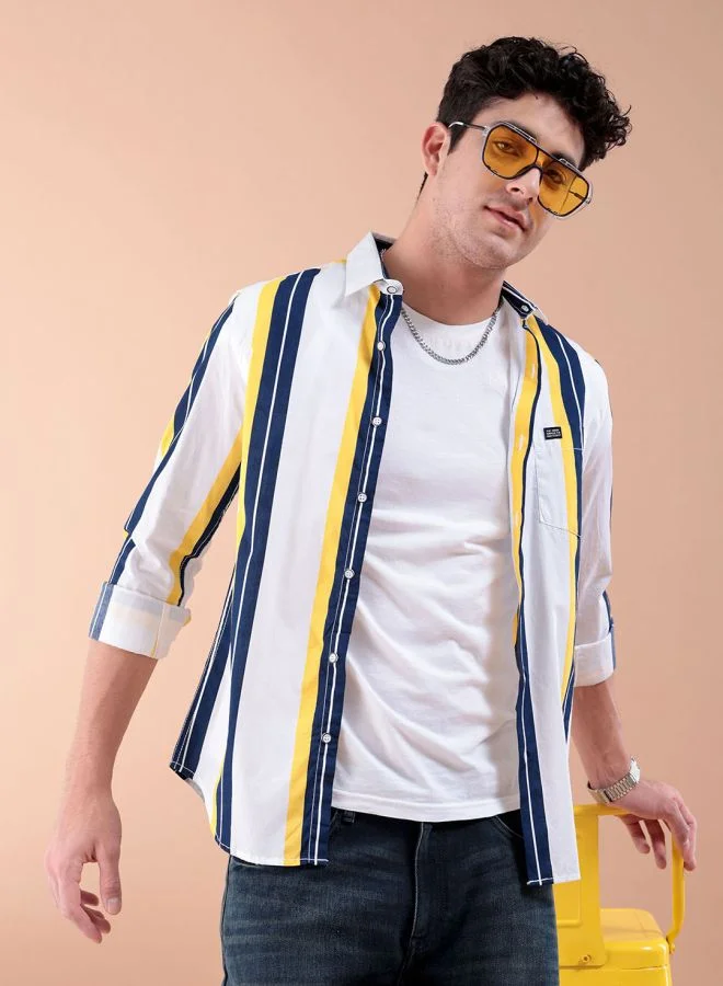 شركة المرآب الهندية Men Regular Fit Striped Full Sleeves Cutaway Collar Casual Shirt