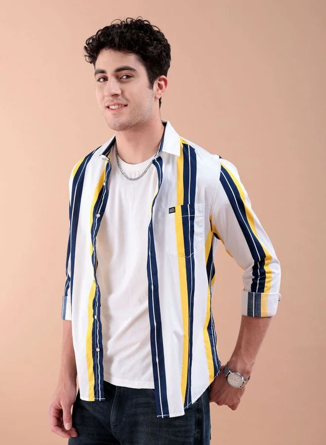شركة المرآب الهندية Men Regular Fit Striped Full Sleeves Cutaway Collar Casual Shirt