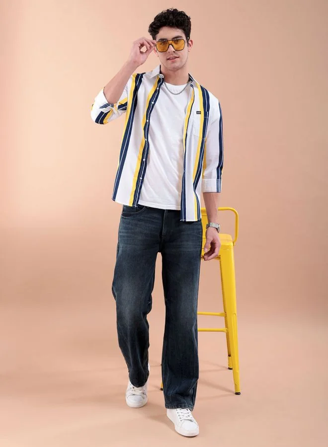 شركة المرآب الهندية Men Regular Fit Striped Full Sleeves Cutaway Collar Casual Shirt