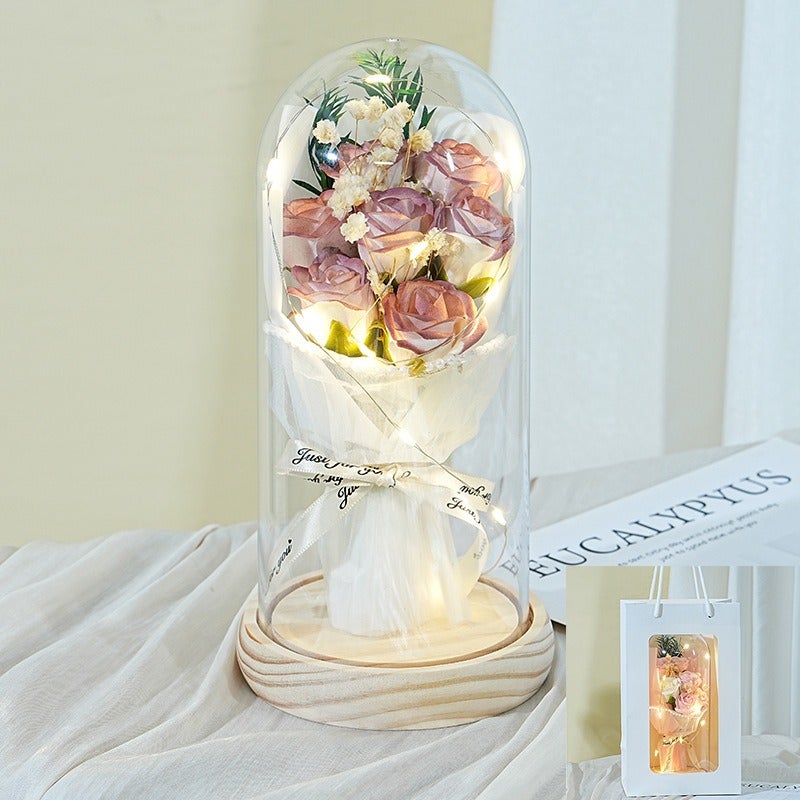 Preserved Rose Flower Gift Box with Wooden Base - 7 Roses Bouquet for Teacher's Day, Birthday & Special Occasions