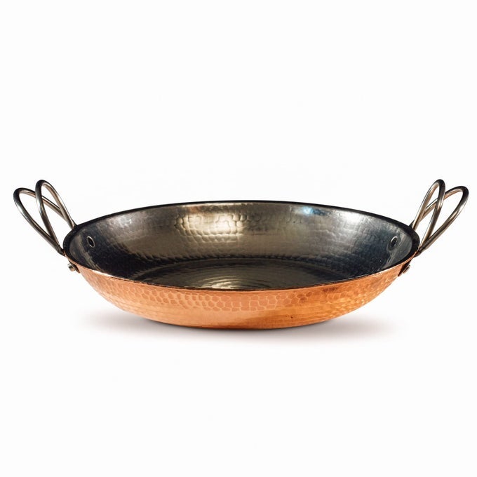 ALICANTE PAELLA COOKING PAN 12 INCH DIAMETER PATENTED STAINLESS STEEL HANDLE DESIGN HAND HAMMERED HEAVY GAUGE 100 PURE COPPER SERVES 4 ADULTS
