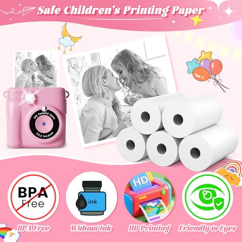 TecoHikee 15 Rolls Kids Camera Paper Roll Refill - HD kids camera instant print paper, 55x25mm Print 180 Sheets with Cute Stickers, Scratch-Resistant, BPA Free, Suitable for 99% of Instant Print Camera for Kids - Image 2