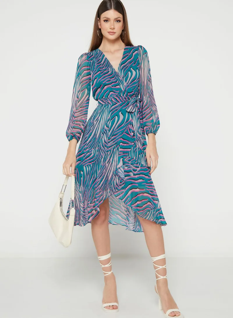 Wallis Petite Asymmetrical Hem Puff Sleeve Printed Dress