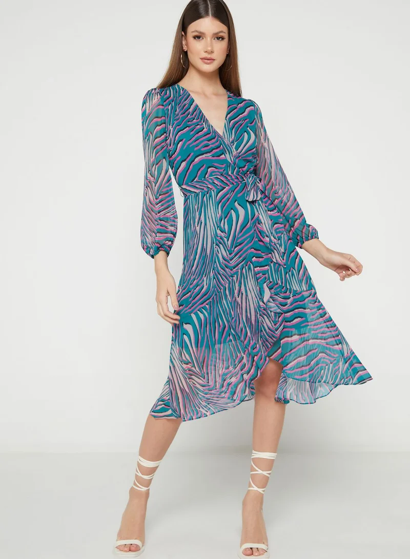 Wallis Petite Asymmetrical Hem Puff Sleeve Printed Dress