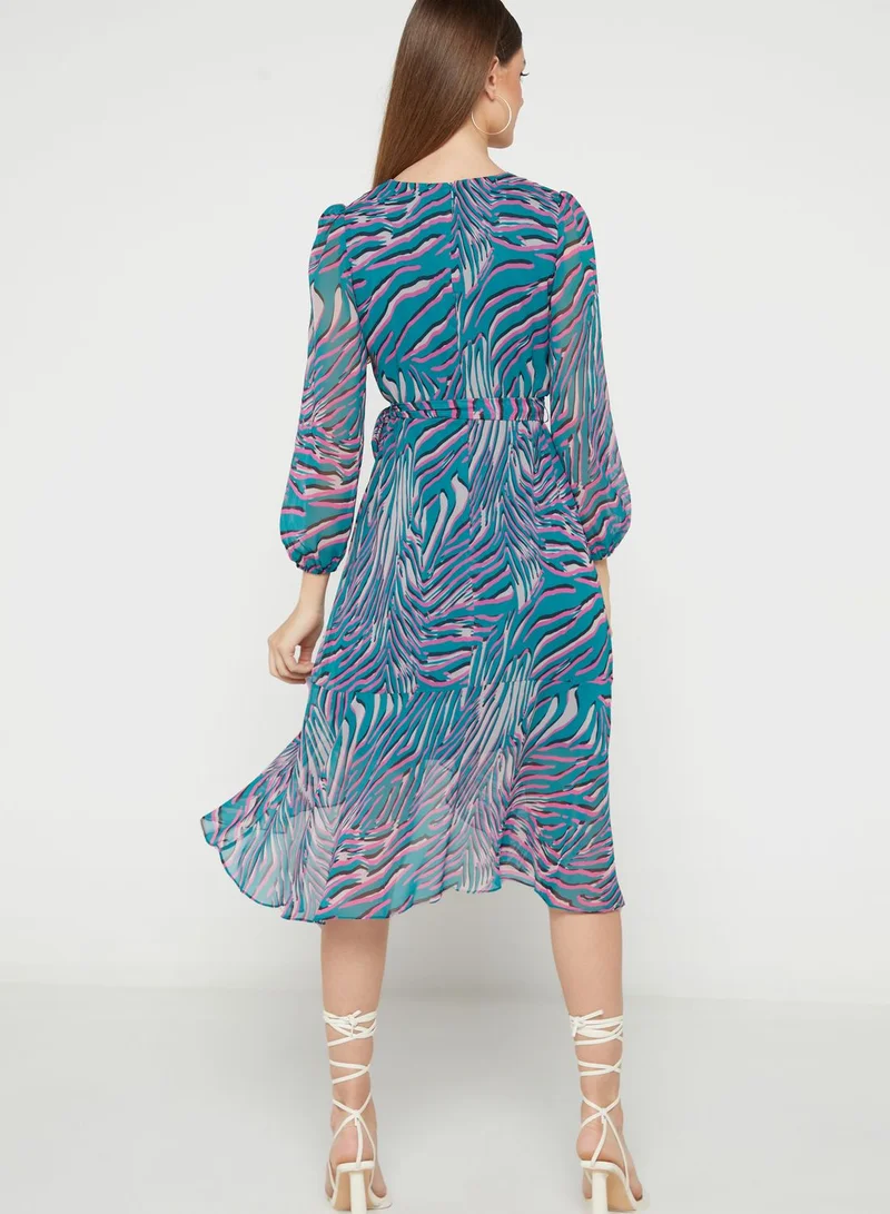 Wallis Petite Asymmetrical Hem Puff Sleeve Printed Dress