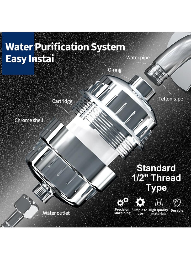 AMINAC 25-Stage Shower Filter, Shower Head Filter for Hard Water with 2 Replaceable Filter Cartridges, Shower Water Filters to Remove Chlorine and Fluoride, Polished Chrome - Image 4