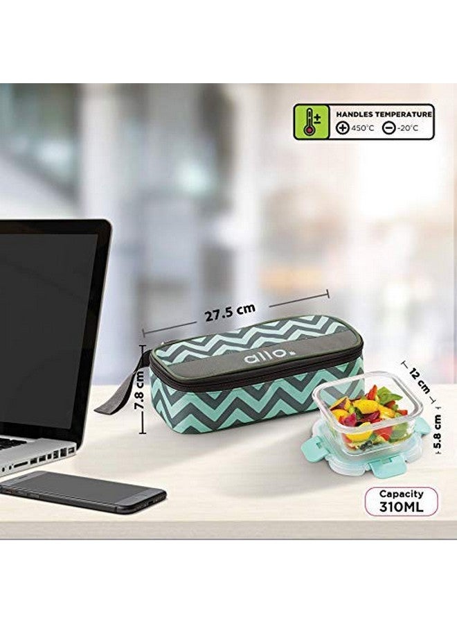 Allo FoodSafe Glass Lunch Box with Break Free Detachable Lock, Oven & Microwave Safe, Borosilicate Glass Container, Office Tiffin with Chevron Mint Flat Bag, Set of 2, 310ml, Square - Image 3