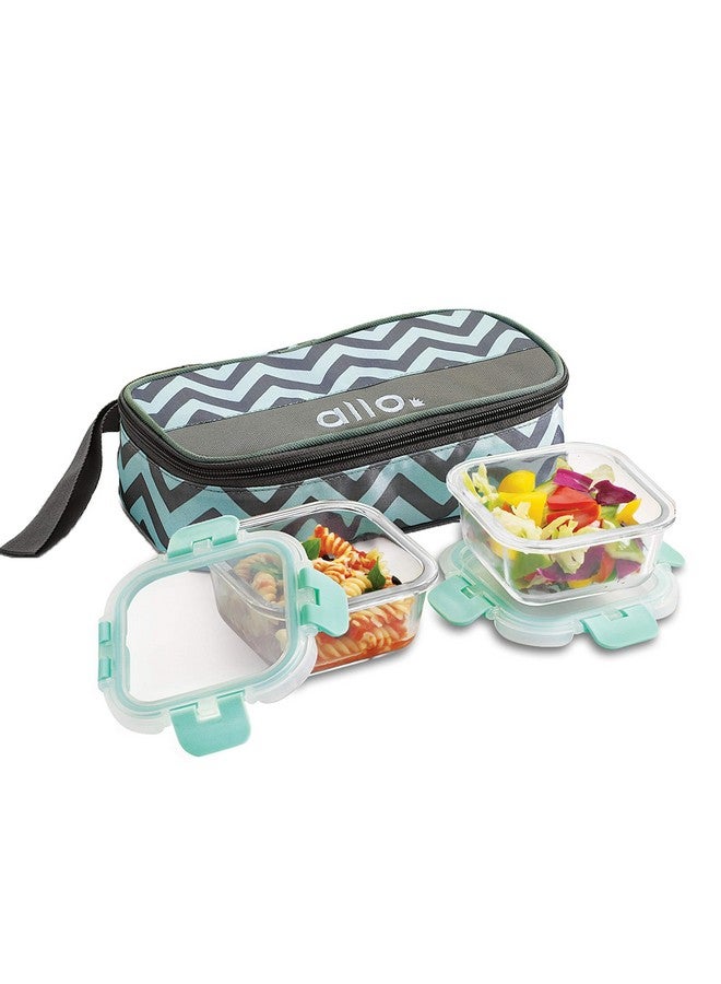 Allo FoodSafe Glass Lunch Box with Break Free Detachable Lock, Oven & Microwave Safe, Borosilicate Glass Container, Office Tiffin with Chevron Mint Flat Bag, Set of 2, 310ml, Square - Image 1