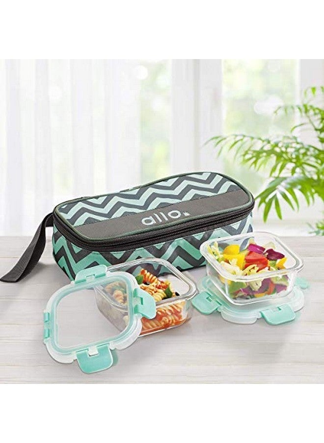 Allo FoodSafe Glass Lunch Box with Break Free Detachable Lock, Oven & Microwave Safe, Borosilicate Glass Container, Office Tiffin with Chevron Mint Flat Bag, Set of 2, 310ml, Square - Image 2