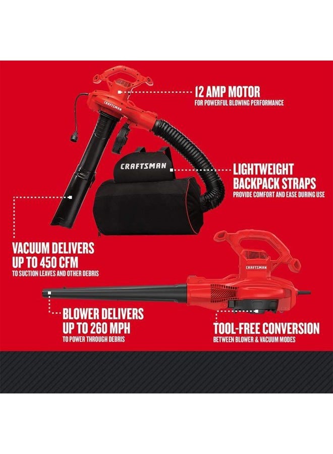 CRAFTSMAN كرافتسمان منفاخ أوراق 3 في 1، مكنسة أوراق ومطحنة، تصل إلى 260 ميل في الساعة، 12 أمبير، كهربائي سلكي (CMEBL7000) - Image 3