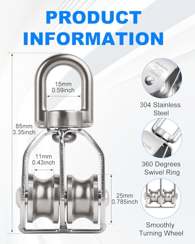 Rocaris 4 Pack M25 Double Pulley Block Stainless Steel 304 Wire Rope Crane Double Wheel Swivel Lifting Rope Pulley Block - Image 2