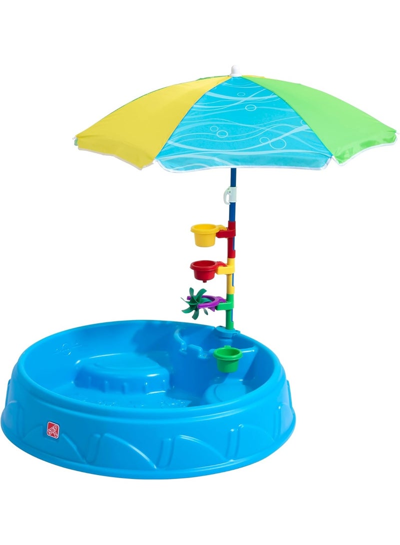 Step2 Play & Shade Pool Water Table with Umbrella, Toddler Outdoor Splash Pool with 7-Piece Water Play Set, Blue Yellow & Green - Image 1