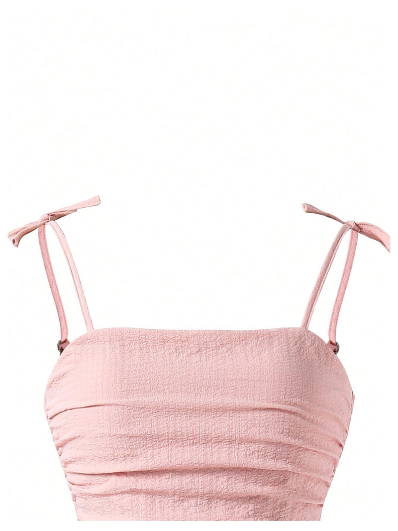 SHENHE Girl's Smocked Ruched A Line Swing Dress Layered Tie Shoulder Flowy Cami Short Dress Pink 8Y - Image 3
