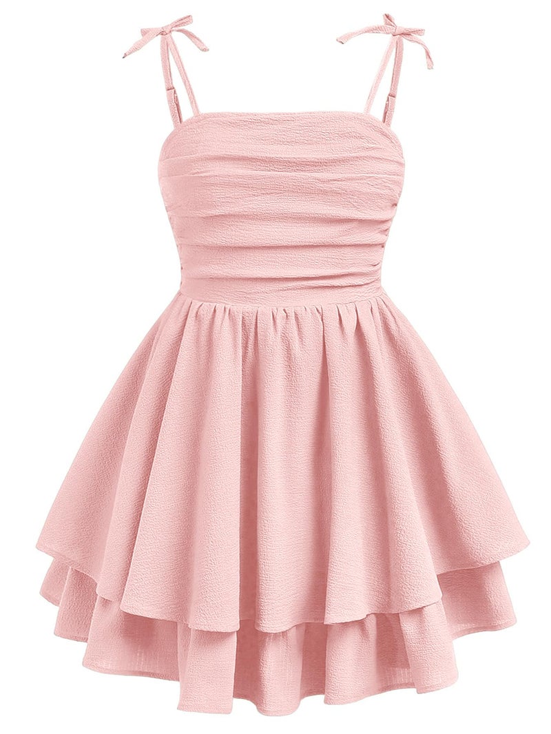 SHENHE Girl's Smocked Ruched A Line Swing Dress Layered Tie Shoulder Flowy Cami Short Dress Pink 8Y - Image 1