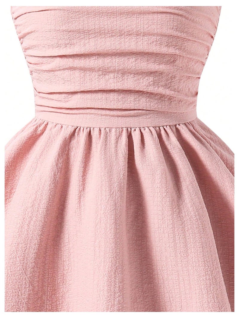 SHENHE Girl's Smocked Ruched A Line Swing Dress Layered Tie Shoulder Flowy Cami Short Dress Pink 8Y - Image 4