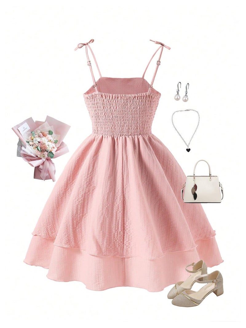 SHENHE Girl's Smocked Ruched A Line Swing Dress Layered Tie Shoulder Flowy Cami Short Dress Pink 8Y - Image 2