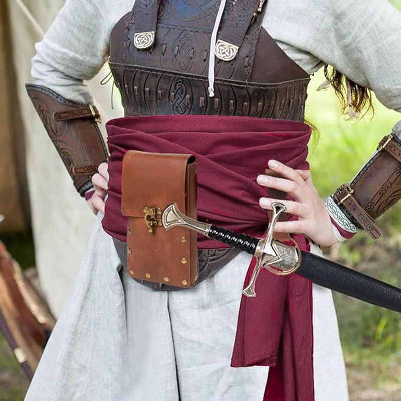 KOTORA Pirate Costume Pirate Head Scarf Bandanas Belt Waist Sash Medieval Belt Pouch Coin Purse Leather Hook Festival Sets (Brown 02-2Pouch) - Image 3