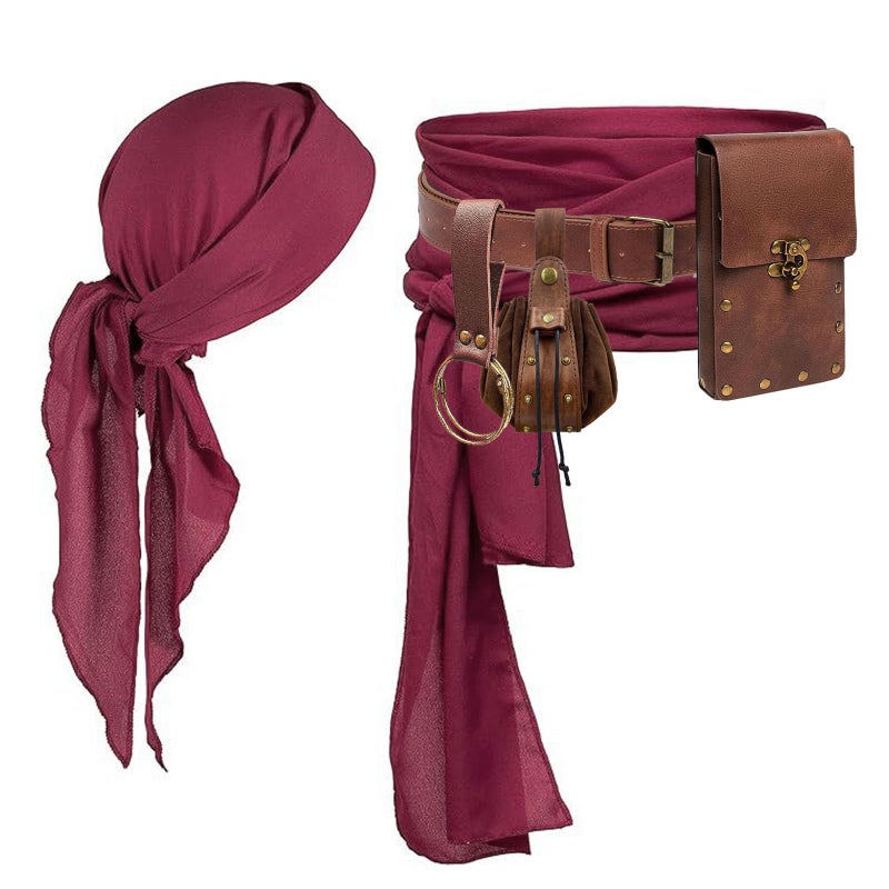 KOTORA Pirate Costume Pirate Head Scarf Bandanas Belt Waist Sash Medieval Belt Pouch Coin Purse Leather Hook Festival Sets (Brown 02-2Pouch) - Image 1