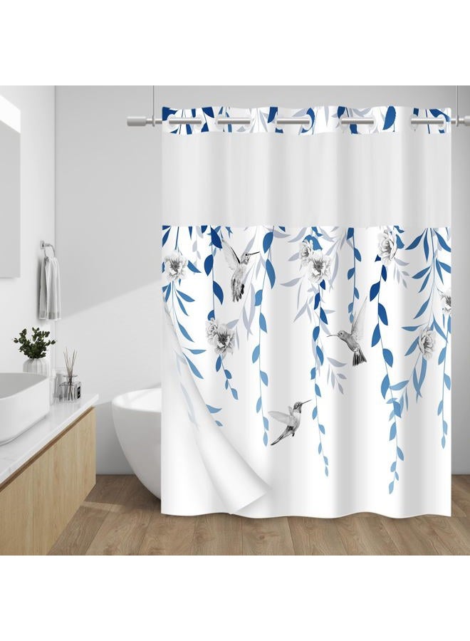 WITHLOC No Hook Shower Curtain with Snap in Liner - Fabric Waterproof Inner Liner, Plants Blue Floral Grey Nature Birds Cloth Shower Curtains Washable, 71 x 74 Inch - Image 1