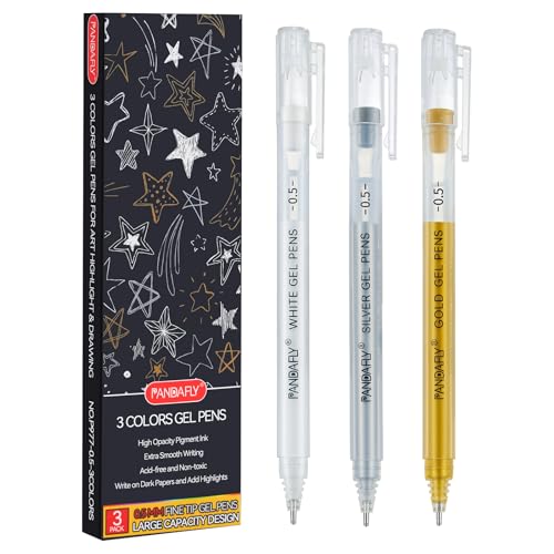 PANDAFLY Gold Silver White Gel Pens, 0.5mm Extra Fine Point Archival Ink Pen for Journaling, Art, or Drawing - For Artist Gifts, Holiday Gifts & DIY Projects, 3 Pack - Image 1
