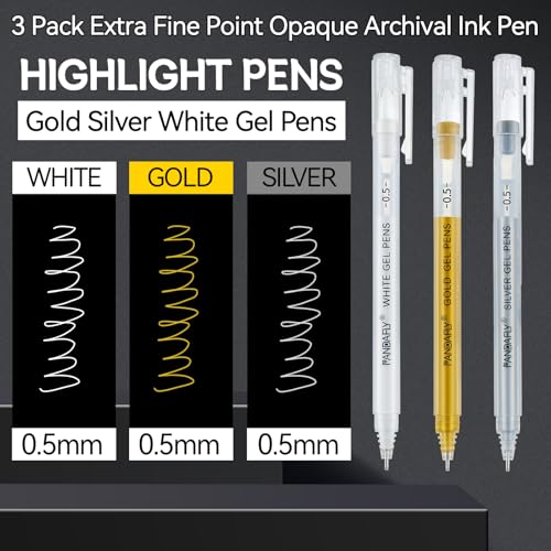 PANDAFLY Gold Silver White Gel Pens, 0.5mm Extra Fine Point Archival Ink Pen for Journaling, Art, or Drawing - For Artist Gifts, Holiday Gifts & DIY Projects, 3 Pack - Image 2