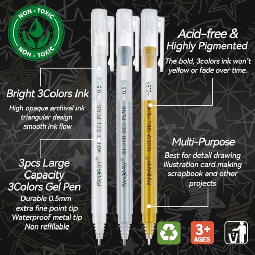 PANDAFLY Gold Silver White Gel Pens, 0.5mm Extra Fine Point Archival Ink Pen for Journaling, Art, or Drawing - For Artist Gifts, Holiday Gifts & DIY Projects, 3 Pack - Image 3