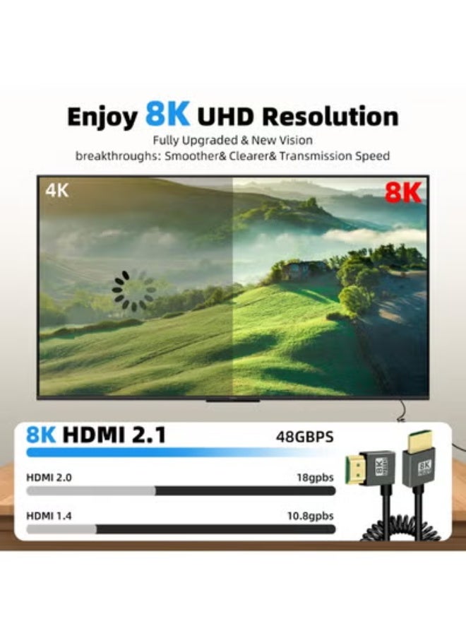 90 Degree 8K Short HDMI Coiled Cable,Down Angle 48Gbps High Speed Male to Male HDMI 2.1 Support HDR,8K@60Hz,4K@120Hz,Compatible with Camcorders,Monitors - Image 4