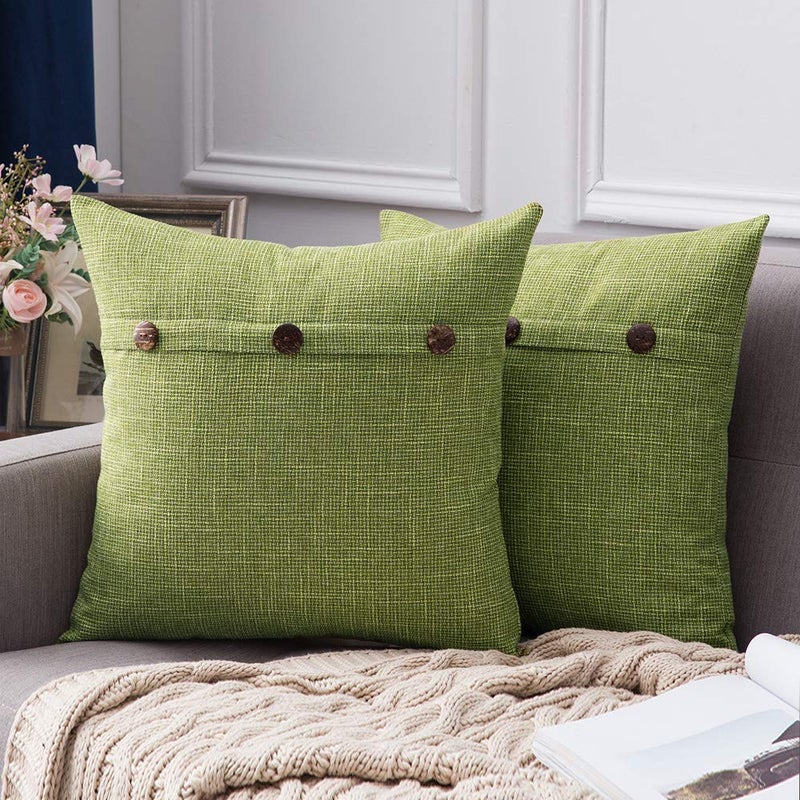 MIULEE Set of 2 Decorative Linen Pillow Covers Farmhouse Vintage with Triple Button Accent Pillows for Couch Sofa Bed Living Room Home Decor 18x18 Inch Green - Image 1