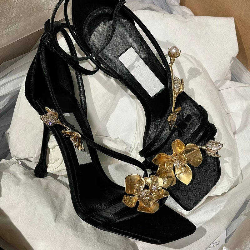 1 x 5 pcs Elegant Socialite Style Gold Lotus Flower Printed Heels Thin Wedges Waterdrop Shoes Fashionable For Banquets And Daily Wear Wome Black (9.5cm heel height) 