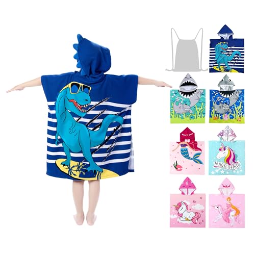 growell Hooded Kids Beach Towels - Toddler Bath Towel Girls Boys Swim Cover-ups for Ages 4 to 10 Kids Pool Towels Quick Dry Lightweight Soft Microfiber Poncho 30x30 with Bag (Navy Dinosaur) - Image 1