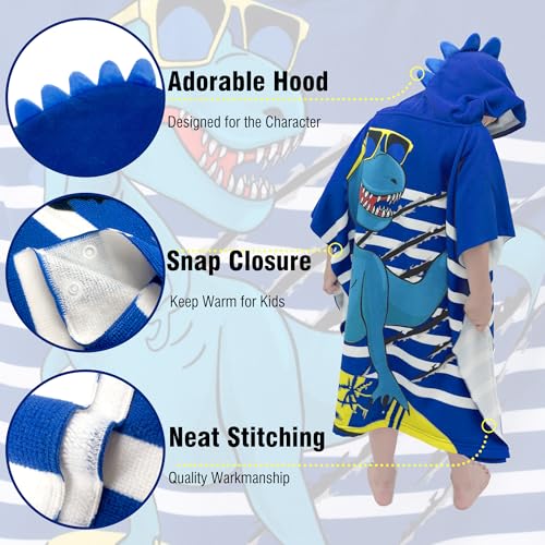 growell Hooded Kids Beach Towels - Toddler Bath Towel Girls Boys Swim Cover-ups for Ages 4 to 10 Kids Pool Towels Quick Dry Lightweight Soft Microfiber Poncho 30x30 with Bag (Navy Dinosaur) - Image 4