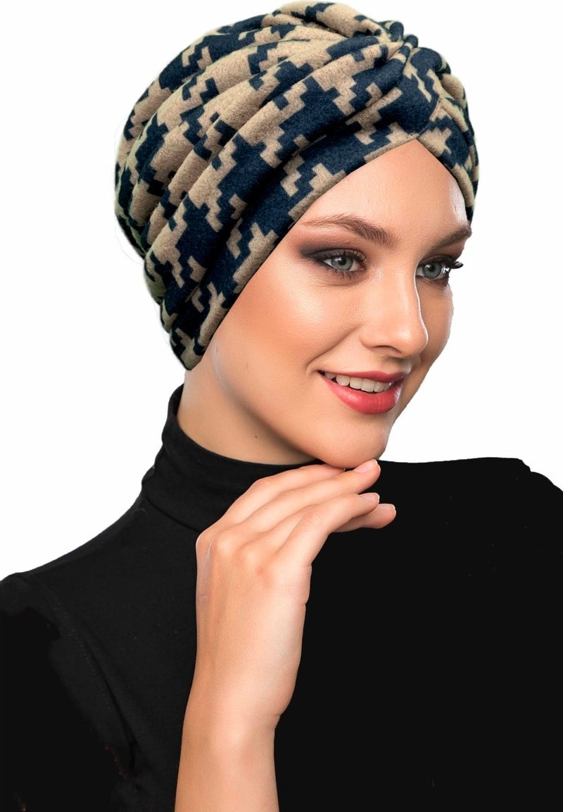 Fidan Bone Fidan Bonnet Angora Wool Lined Crowbar Patterned Navy Blue-Beige Ready Turban Hijab Cap Women's Beret  - Image 2
