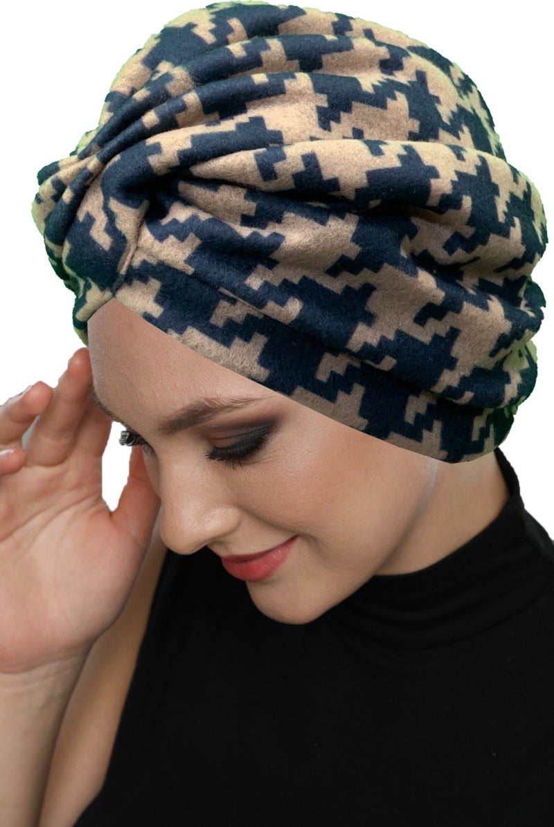 Fidan Bone Fidan Bonnet Angora Wool Lined Crowbar Patterned Navy Blue-Beige Ready Turban Hijab Cap Women's Beret  - Image 1