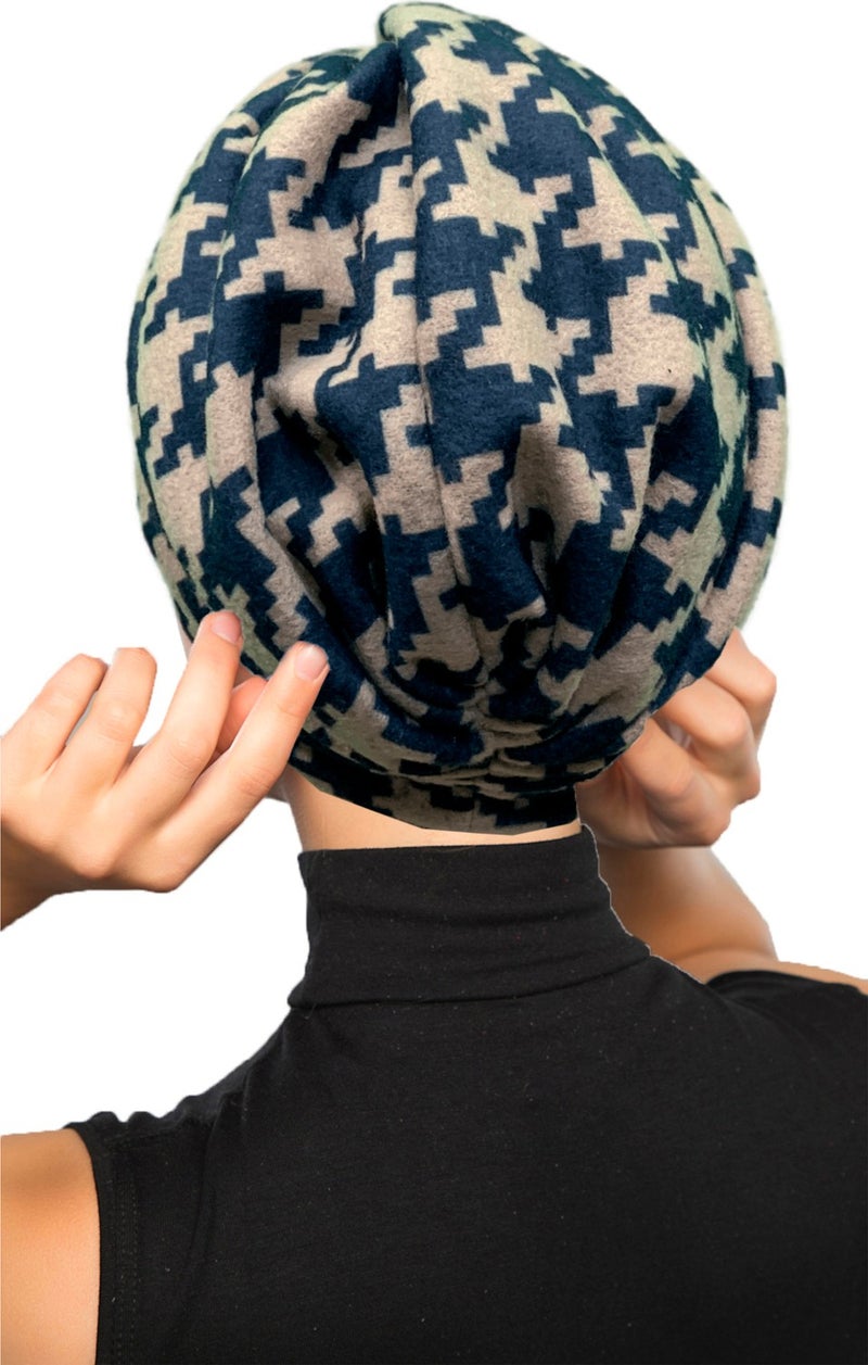 Fidan Bone Fidan Bonnet Angora Wool Lined Crowbar Patterned Navy Blue-Beige Ready Turban Hijab Cap Women's Beret  - Image 4